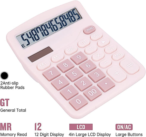 Cute Pink Desktop Calculator with Big Buttons, Dual Power Source, Solar and Battery, Large LCD Display, 2 Pack Desk Calculator- Perfect for Basic ...