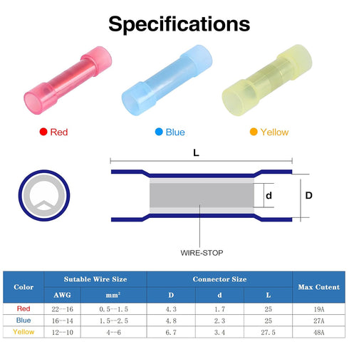 120pcs PA66 Nylon 12-10 AWG Wire Connectors Electrical Crimp Butt Connector Fully Insulated Splice Wire Terminals Yellow...