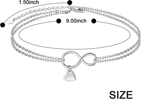FLYOW Infinity Layered Anklet 925 Sterling Silver for Women Adjustable Heart Ankle Bracelet Boho Beach Foot Chain 9+1.5 Inch Charm Jewelry Birthda...