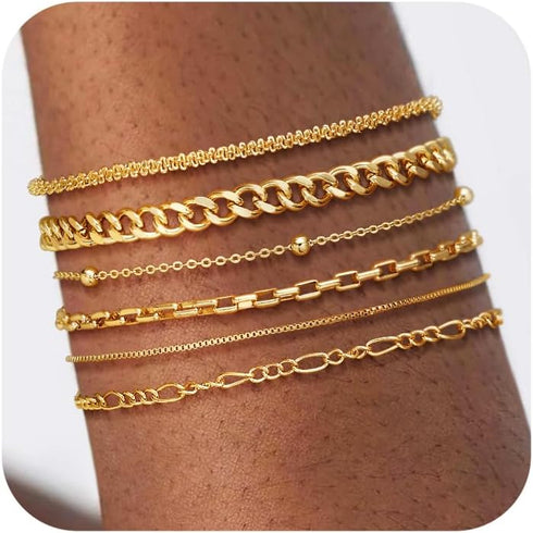 DEARMAY Waterproof Gold Bracelets Set for Women Trendy, Dainty 14K Real Gold Plated Jewelry Fashion Stackable Tennis Beaded Figaro Herringbone Pap...