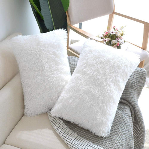 NordECO HOME Luxury Soft Faux Fur Fleece Cushion Cover Pillowcase Decorative Throw Pillows Covers, No Pillow Insert, 12" x 20" Inch, White, 2 Pack...