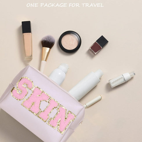 Preppy Patch Cosmetic Toiletry Bag for Women Girls SKIN Letters PU Leather Portable Makeup Bag Zipper Pouch Storage Purse Waterproof Organizer for...
