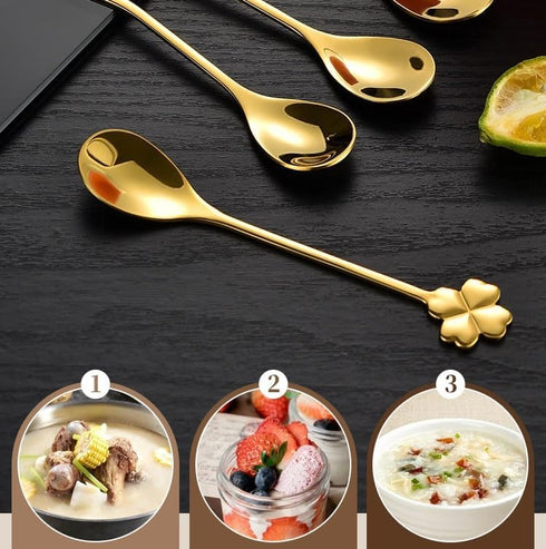 10 pcs Gold Four-Leaf Clover Stainless Steel Spoon Set, Unique Design for Coffee, Tea, Desserts, Ice Cream 4.7inch...