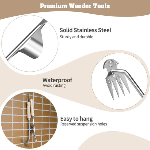 Stainless Steel Weed Puller 2 Pcs, Multifunction Weeder Puller, Wood Handle Hand Weeder Tool for Gardening, Shaped Light Duty Hand Weeder for Gard...
