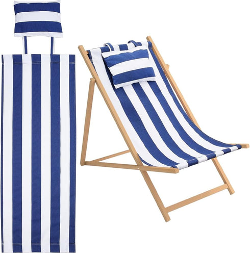 GORGECRAFT Beach Sling Chair Canvas Cloth with Pillow 44x17 Blue and White Stripes Casual Lounge Chair Replacement Canvas Outdoor Folding Chair Fa...