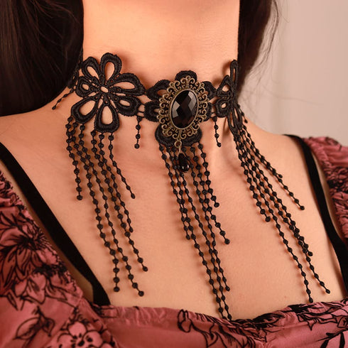 Chargances Stempunk Long Tassle Beaded Necklace Halloween Goth Black Lace Rhinestone Choker Collar Costume Party Prom Vampire Collar for Women and...
