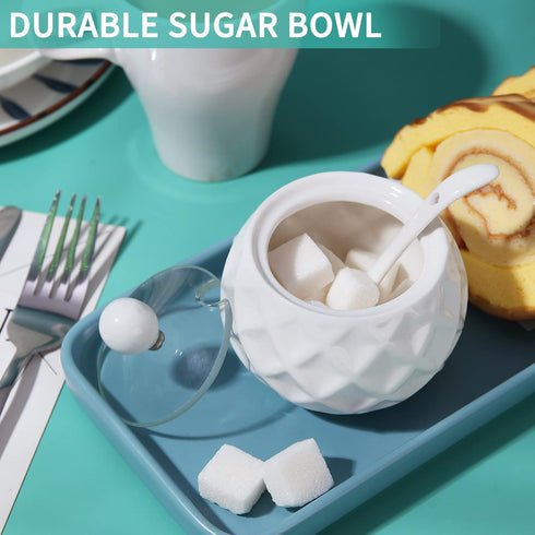 Ceramic Sugar Bowl, Kitchenexus Modern Porcelain Sugar Bowl with Glass Clear Lid and Spoon 8.8oz/250ml in White Rhombus Shape, Suit for Coffee Bar...