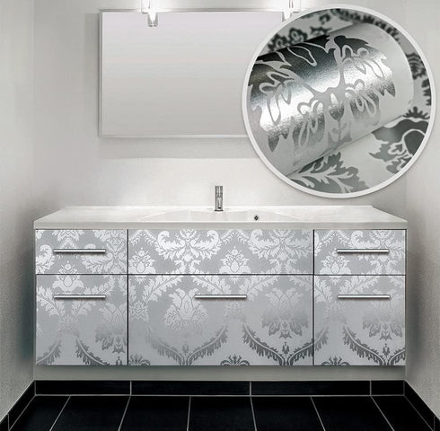8359 Silver Damask Peel and Stick Wallpaper 17.7 in × 9.8ft Removable Self Adhesive Contact Paper Vinyl Film for Furniture Renovation and Home Dec...