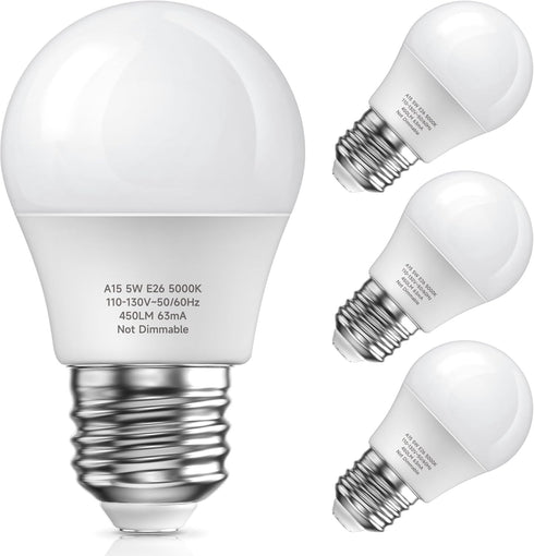 E26 Refrigerator Light Bulb, 120V LED Fridge Light Bulb Waterproof, A15 E26 5W Equivalent 40W Light Bulb, Daylight 5000K Non-Dimmable, E26 LED Bul...