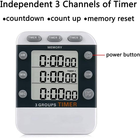 Digital Dual Kitchen Timer for Cooking, 3 Channels Count Down/up Triple Multi Timers for Food, Magnetic Memory-Preset Large-Display Adjustable Ala...
