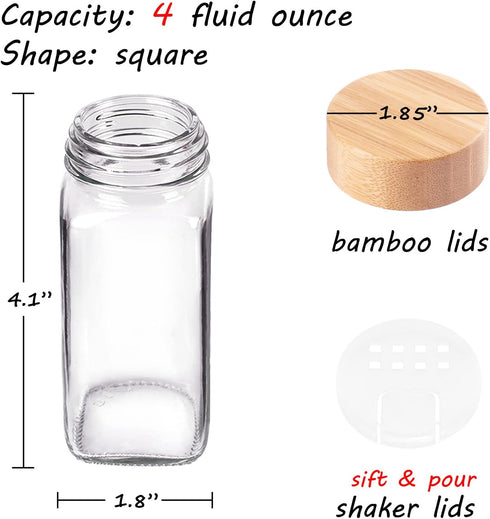 Churboro Replacement Glass Spice Jars with Bamboo Lids- 4 oz Square Spice Jars...