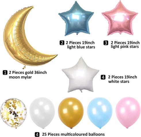 34 PCS Twinkle Little Star Baby Shower Birthday Party Decoration,Moon and Star Mylar Balloons for Gender Reveal Party,Blue Pink White Gold Confett...