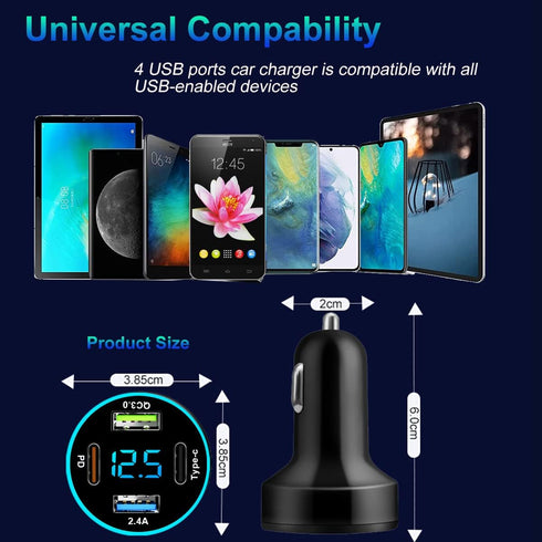 65W Car Charger 4 Port USB Car Charger Adapter PD QC3.0 Cigarette Lighter USB Charger with LED Voltmeter Fast Car Charger Compatible with Samsung ...