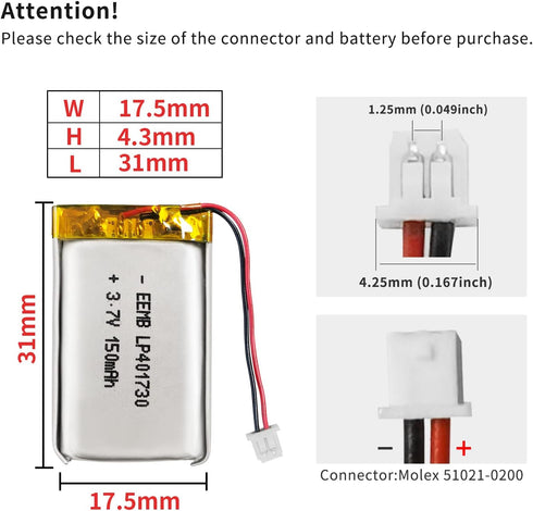 EEMB Lithium Polymer Battery 3.7V 150mAh 401730 Lipo Rechargeable Battery Pack with Wire Molex 1.25mm Connector for Speaker and Wireless Device- C...