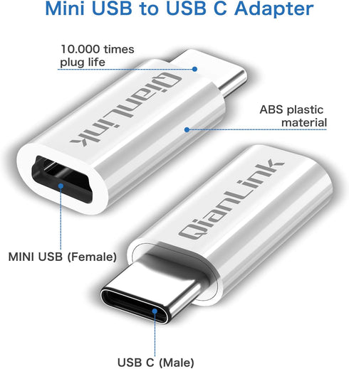 Mini USB to USB C Adapter, (2-Pack) Mini USB Female to USB C Male Convert Charging & Data Sync Compatible with Samsung Galaxy S10 S9 S8 Plus Note ...