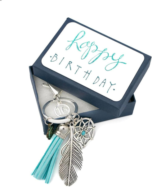 Sweet 16 Keychain for Her Dream Catcher 16th Birthday Gift for sweet 16 Birthday Key Chain, Packaged in Hand Stamped Box...