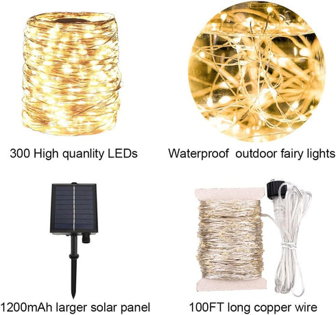 Solar String Lights Outdoor,100FT 300 LEDs Solar Fairy Lights,Waterproof Solar Powered Outdoor Lights 8 Modes for Patio, Gardens, Backyard,Tree,We...