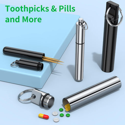 4 Pieces Metal Portable Toothpick Holder, aluminum alloy Pocket Toothpick Holder Aluminum Waterproof Case Toothpick Container with Keychain for Ou...