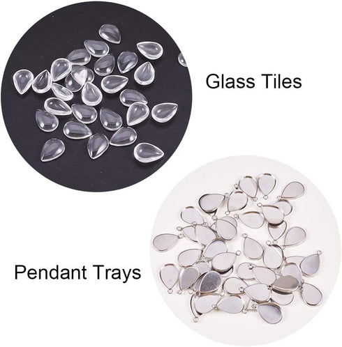PH PandaHall 100pcs Bezel Pendant Blanks- 50pcs Drop Pendant Trays Photo Charms Cabochons Blanks with 50pcs Glass Cabochons Clear Dome for Wedding...