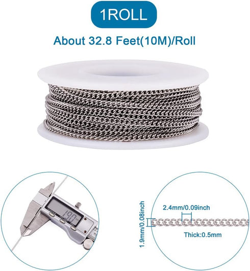 PandaHall 32.8 Feet Stainless Steel Cable Cross Chains with Spool 2.4x1.9x0.5mm Unwelded Oval Link Necklace Bracelet Pendant Jewelry Making Chains...