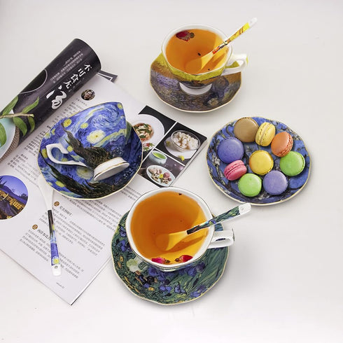YBK Tech Bone China Cup and Saucer Set, 7oz Tea Cup - Design Inspired by Van Gogh's Paintings (Iris flower)...