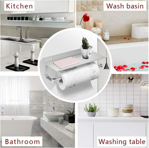 BESy Paper Towel Holder Wall Mounted for Kitchen 13 Inch, Bathroom Tissue Roll Hanger with Mobile Phone Storage Shelf,Space Aluminum, Wall Mount w...