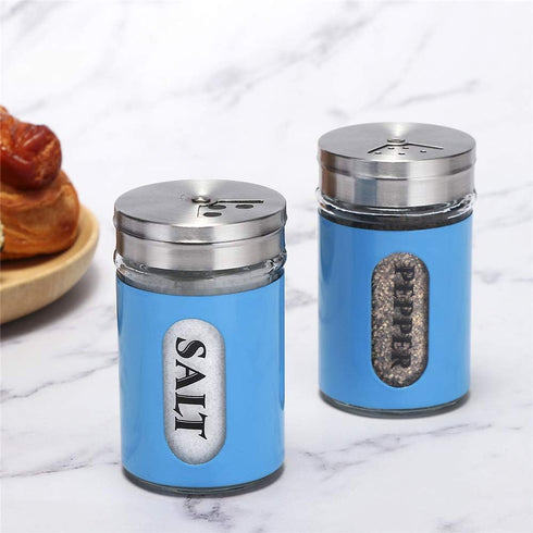 Salt and Pepper Shakers Stainless Steel and Glass Set with Adjustable Pour Holes (Blue)...