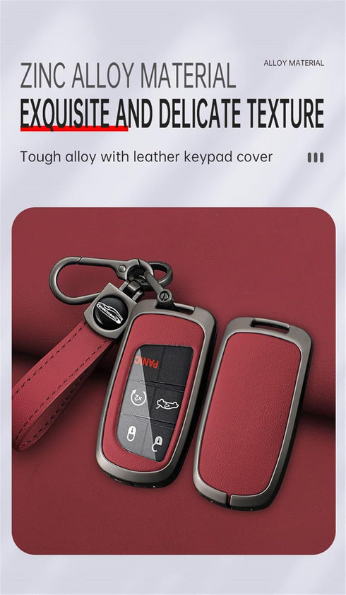 ontto Car Key Fob Cover Fit for Jeep Grand Cherokee Key Remote Metal Frame and Leather Key Shell Full Protector Fit for Dodge Challenger Charger D...
