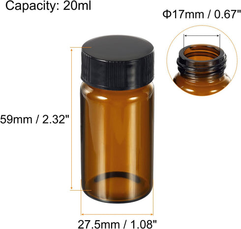 PATIKIL 20mL Reagent Media Bottle, 10 Pack Round Glass Storage Bottles Plastic Screw Cap for Lab Home, Brown...