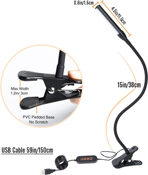 Clip on Reading Light, Clip Light, Warm & Daylight & White Light 3 Colors, Eye-Care Clamp Lamp with 10 Dimmable Illumination Modes...