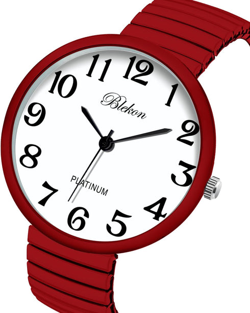 Blekon Collections New Super Large Face Stretch Band Japanese Movement PC21J Fashion Watch (Red)...