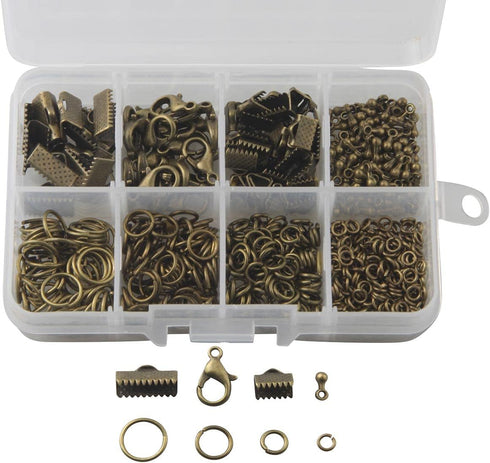 1 Box 8 Styles Jewelry Making Kit Open Jump Rings, Lobster Claw Clasps, Ribbon Clamp End, Drop Ends Pieces for Jewelry Making Bracelet Necklace Ar...