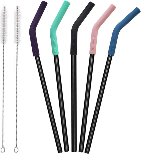 Senneny Set of 5 Stainless Steel Straws with Silicone Flex Tips Elbows Cover, 2 Cleaning Brushes and 1 Portable Bag Included (Black)- 8mm diameter...