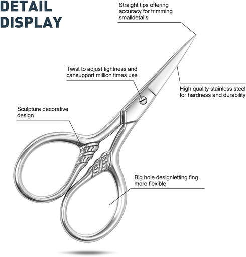 Small Facial Hair Scissors, Stainless steel (silver) Straight Tip Snips Beauty Grooming Kit for Eyebrows, Beard, Ear, Nose, Moustache Trimming wit...