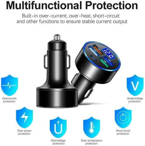 5 Port Car Charger Cigarette Lighter USB Charger LED Voltage Monitor (4USB+PD) Cigarette Lighter Adapter USB C Compatible with Android/iPhone and ...