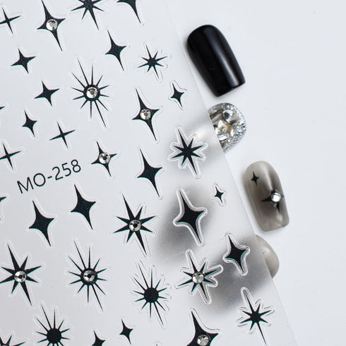 Star Nail Stickers 3D Self-Adhesive Black Silver Star Nail Art Stickers Shiny Crystal Starshine with Rhinestones Nail Design Star Stickers Nail Su...
