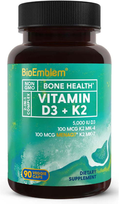 BioEmblem Vitamin D3 K2 Capsules (5000IU and 200mcg) - Patented MK7 and MK4 for 3-in-1 Complex Support - Vegetarian Vitamin D K2 Supplement for Te...