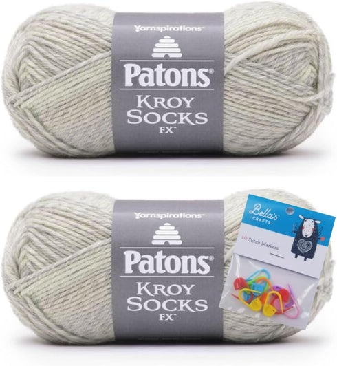 Patons Kroy Socks FX Yarn 2-Pack Bundle with Bella's Crafts Stitch Markers (Seashell Colors)...
