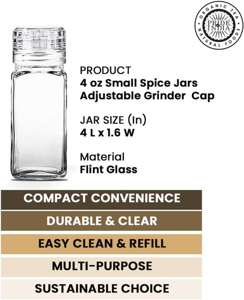 Small Clear Square Glass Spice Jar & Adjustable Grinder Cap | Store & Grind Pepper Salt Spice Herbs Sugar| Foodgrade BPA Free Dishwasher Safe Refi...