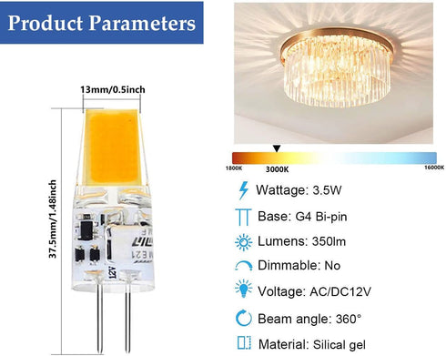 G4 LED Bulb T3 JC Bi-Pin Base 3.5W AC/DC 12V Warm White 3000K 25-30W G4 Halogen Bulb Replacement for Under Cabinet Puck Light, Chandelier, RV, Lan...