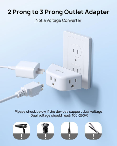TROND 2 Prong to 3 Prong Outlet Adapter 2 Pack - Outlet Extender with 3 AC Outlets, 3-Way Outlet Splitter, Cruise Ship Essentials, 2 Prong Plug Ex...