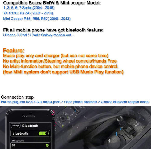 Bojer Bluetooth Adapter Compatible with Mini Cooper BMW Car Apple Android Phone Music AUX 3.5 Wireless Cable Capable Devices...