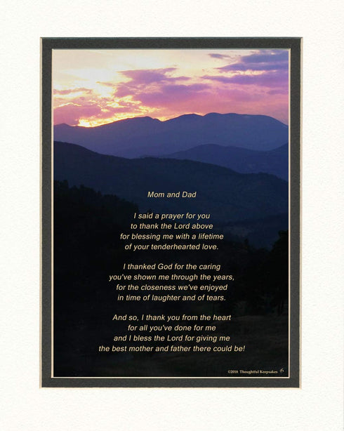 Dad and Mom Gift for Your Parents with Thank You Prayer Poem. Mt Photo, 8x10 Double Matted. Father and Mother - Parents Gift for Christmas, Weddin...