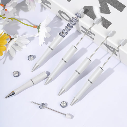 20Pcs White Beadable Pens Plastic Bead Ballpoint Pens Bulk with 50Pcs Black Ink Cute Cool Diy Pens for Journaling Women Teacher Graduation Christm...