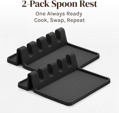 Black Silicone Spoon Rest for Stove Top with Drip Pad (Two Pack) - Heat-Resistant, BPA-Free Utensil Rest & Spoon Holder for Kitchen Counter - Gril...