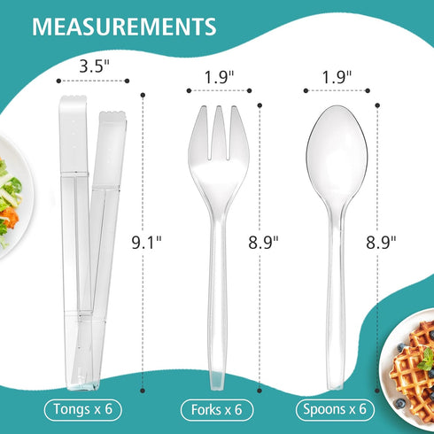 Plastic Serving Utensils, 9" Clear Disposable Utensils 18 Pack, 6 Serving Tongs, Spoons, Forks...
