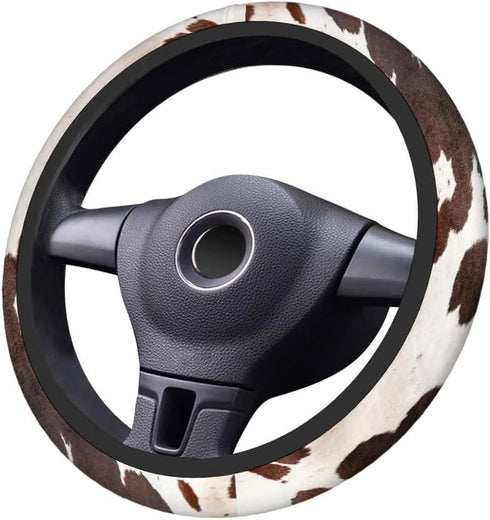 Swono Cow Skin Universal Neoprene Steering Wheel Cover Australian Cow Skin Brown 15 Inch Steering Wheel Covers, Printed Steering Wheel Elastic Pro...