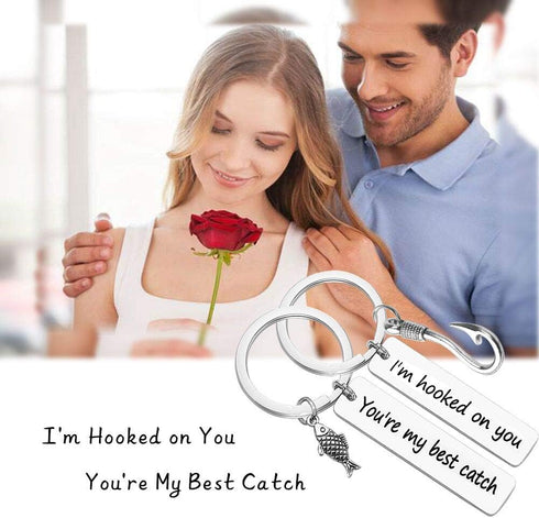 Vadaka Couple Keychain I'm Hooked on You You're My Best Catch Keychain Set Fisherman Gift Fishing Lure Jewelry Couple Gift for Lovers Boyfriend Gi...