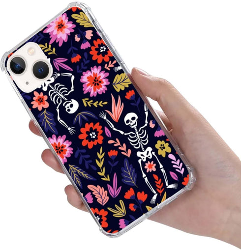 Cool Skeleton Flower Phone Case Compatible with iPhone 13, Halloween Bones Skull Floral Cover for Men Girls Women Boys, Shockproof Protective TPU ...