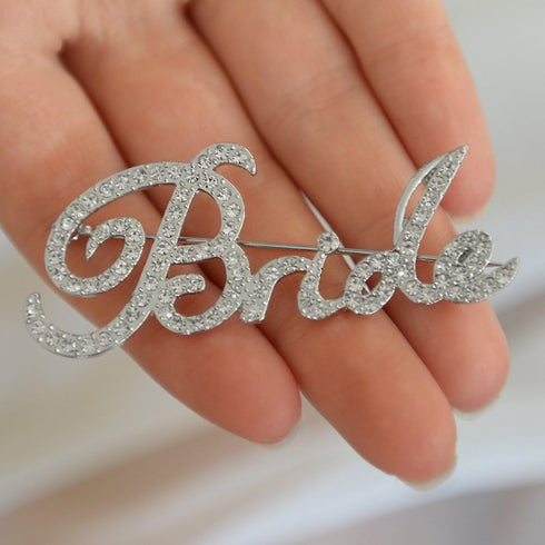 Mariell Rhinestone Crystal Bride Word Brooch Pin in Script Lettering, Bachelorette & Bridal Shower Gift...